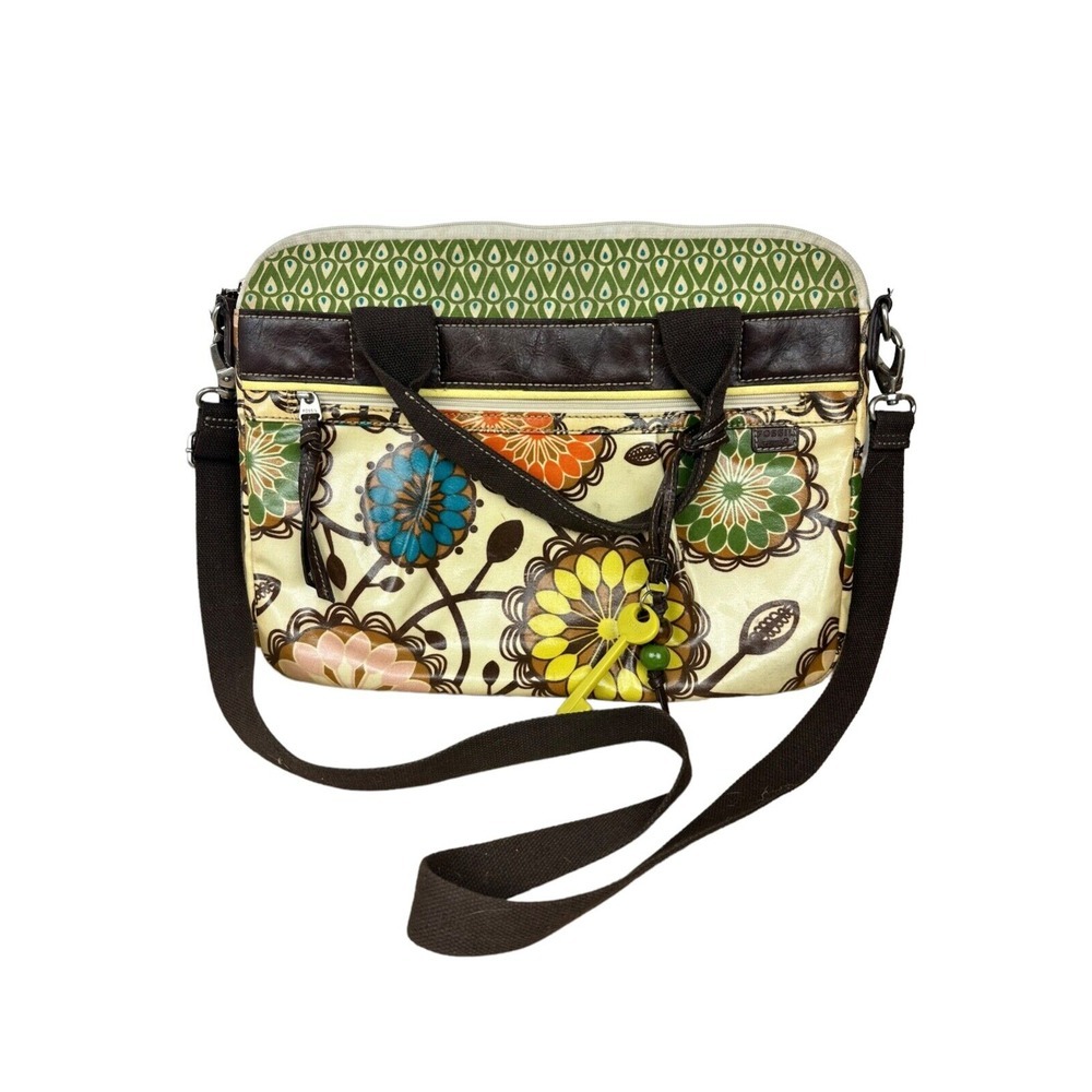 FOSSIL Key Per Gray Canvas Coated Glossy‎ Flower Scene Messenger Laptop Bag